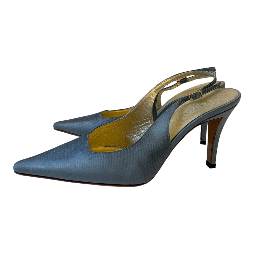 ESCADA Shoes Bryne Pale Blue Silk Slingback High Heel Pumps Size 37.5, US 7.5 - Picture 4 of 10